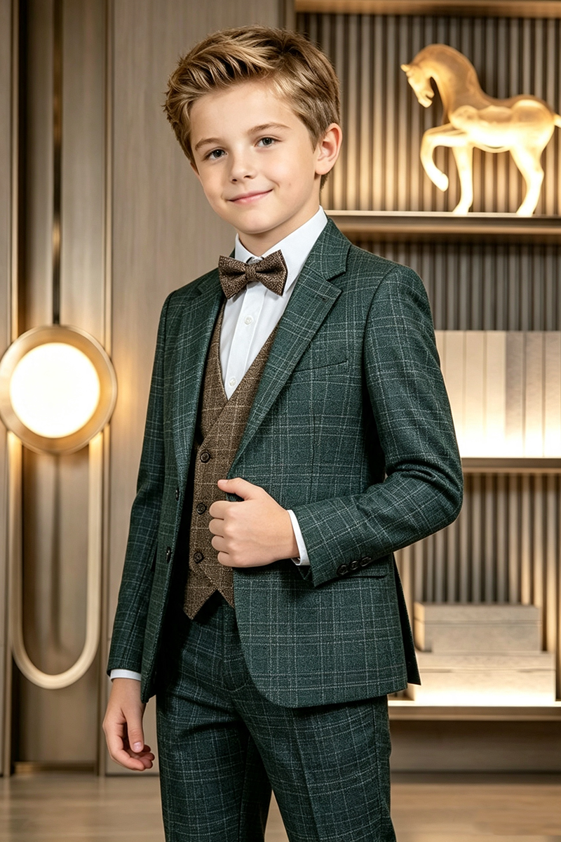 Boys Forest Green Plaid 2-Piece Suit for Weddings