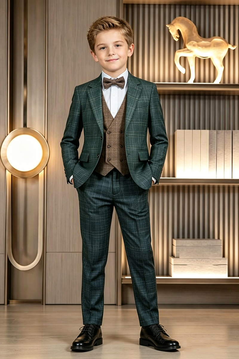 Boys Forest Green Plaid 2-Piece Suit for Weddings