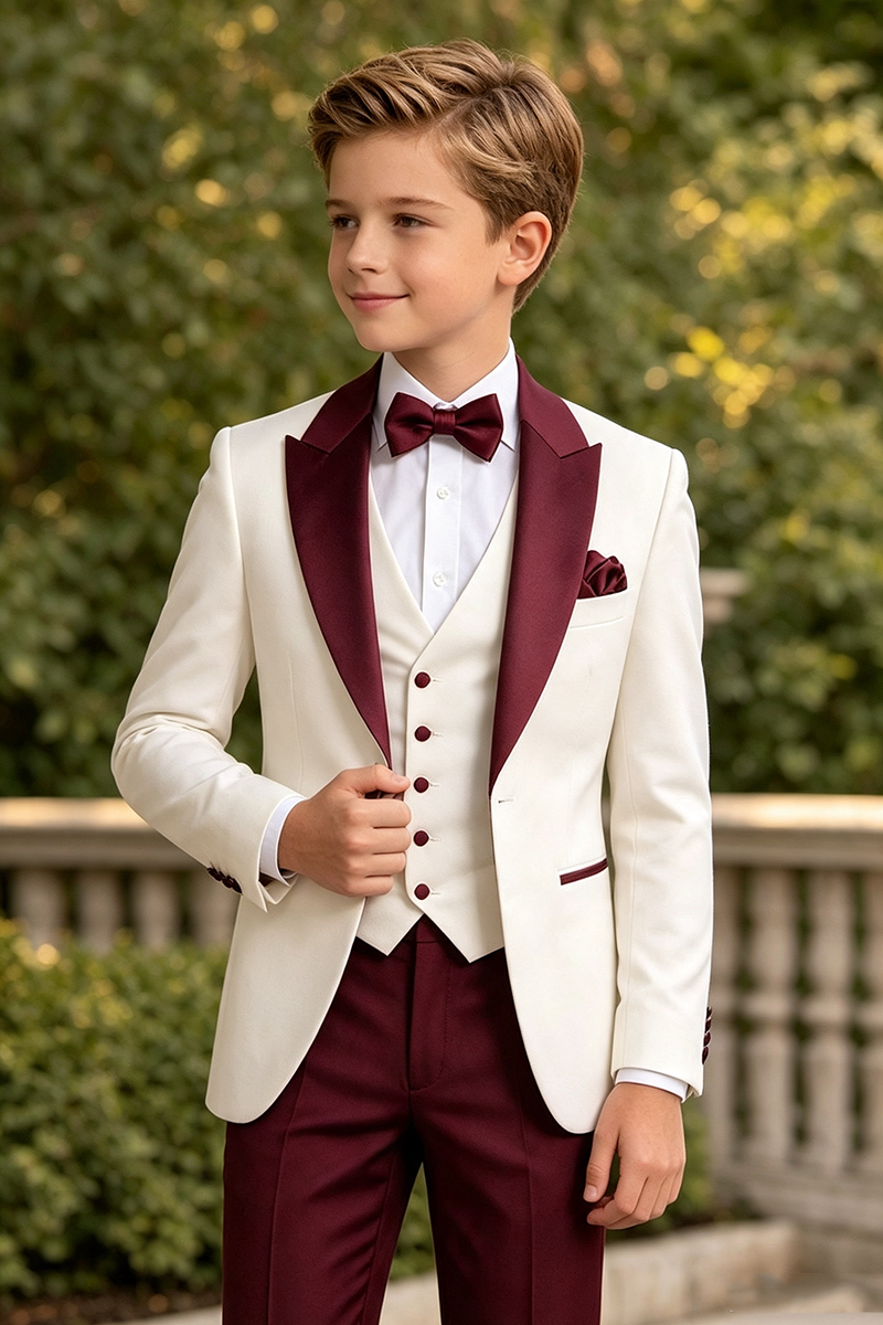 Boys Ivory Burgundy Tuxedo with Satin Shawl Lapel 3-Piece Suit for Weddings