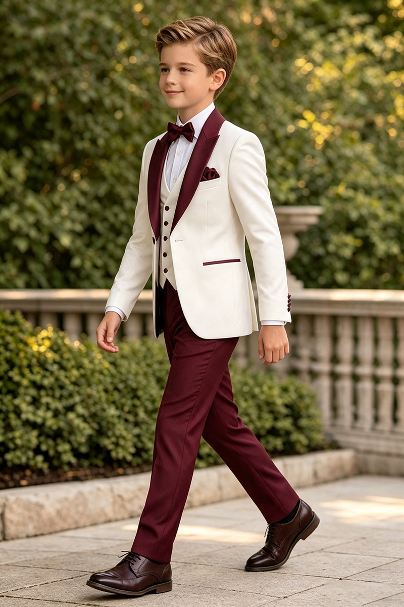 Boys Ivory Burgundy Tuxedo with Satin Shawl Lapel 3-Piece Suit for Weddings