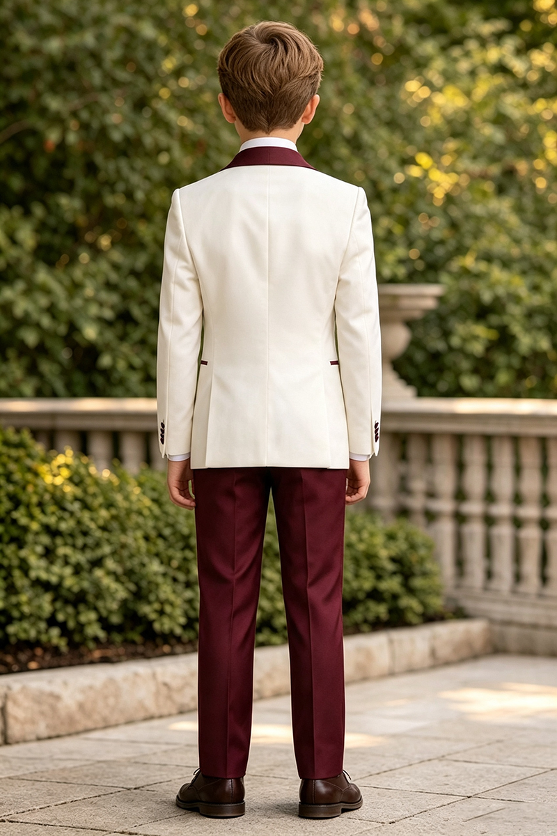 Boys Ivory Burgundy Tuxedo with Satin Shawl Lapel 3-Piece Suit for Weddings