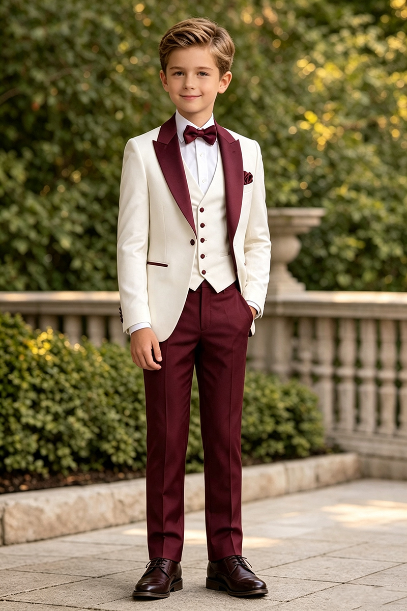 Boys Ivory Burgundy Tuxedo with Satin Shawl Lapel 3-Piece Suit for Weddings