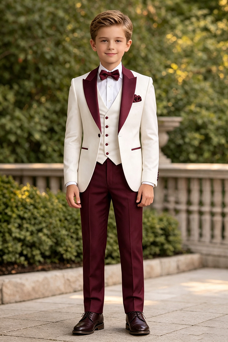 Boys Ivory Burgundy Tuxedo with Satin Shawl Lapel 3-Piece Suit for Weddings
