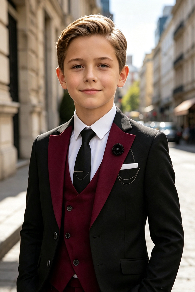 Boys Black Burgundy Tuxedo with Contrast Satin Lapel 3-Piece Suit for Weddings