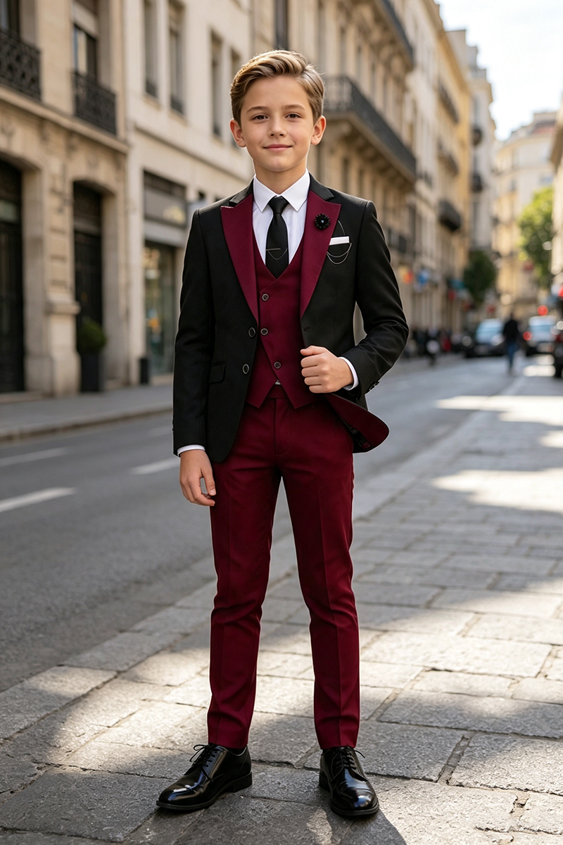 Boys Black Burgundy Tuxedo with Contrast Satin Lapel 3-Piece Suit for Weddings