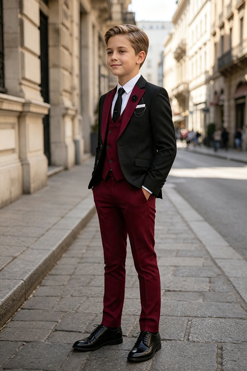 Boys Black Burgundy Tuxedo with Contrast Satin Lapel 3-Piece Suit for Weddings