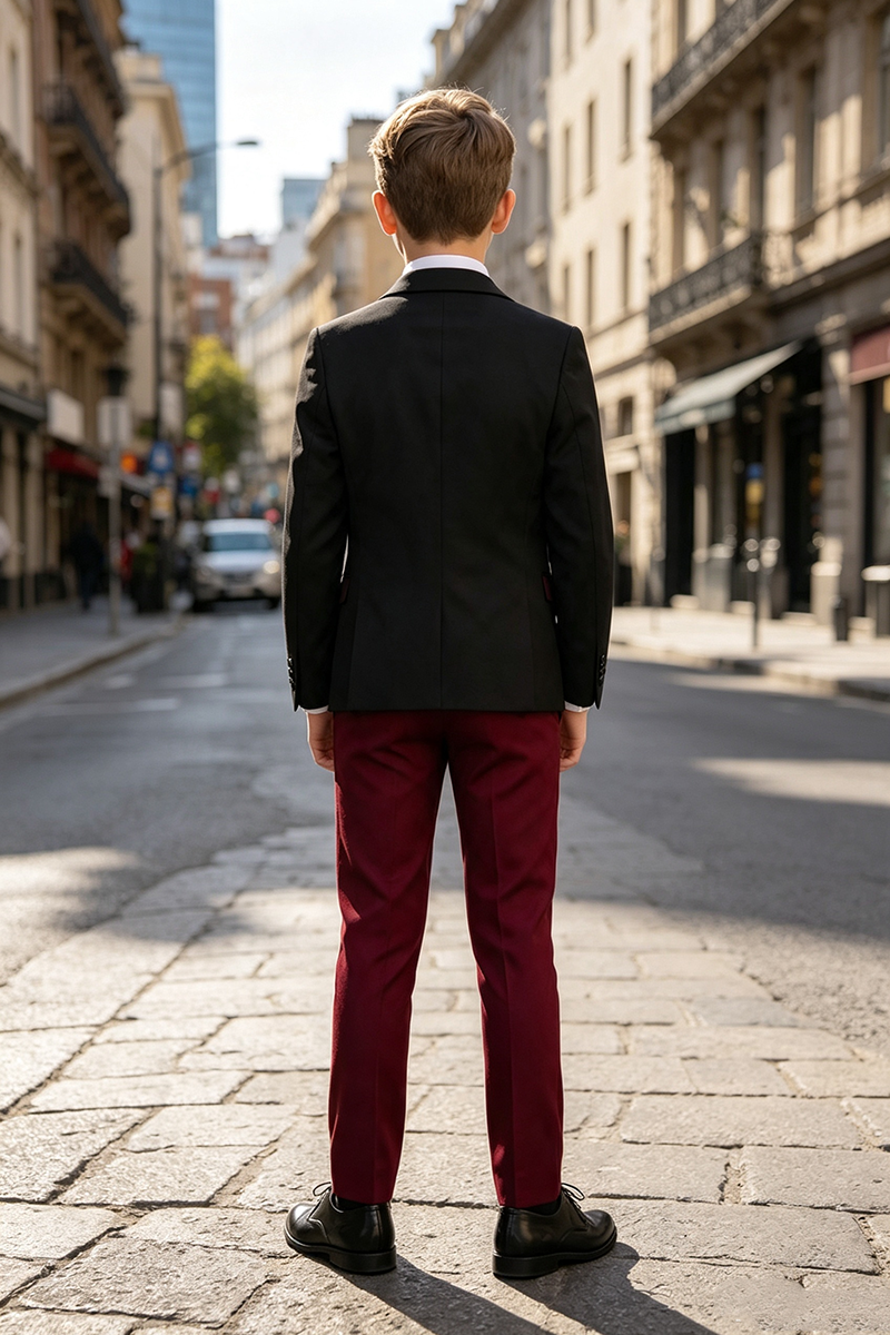 Boys Black Burgundy Tuxedo with Contrast Satin Lapel 3-Piece Suit for Weddings