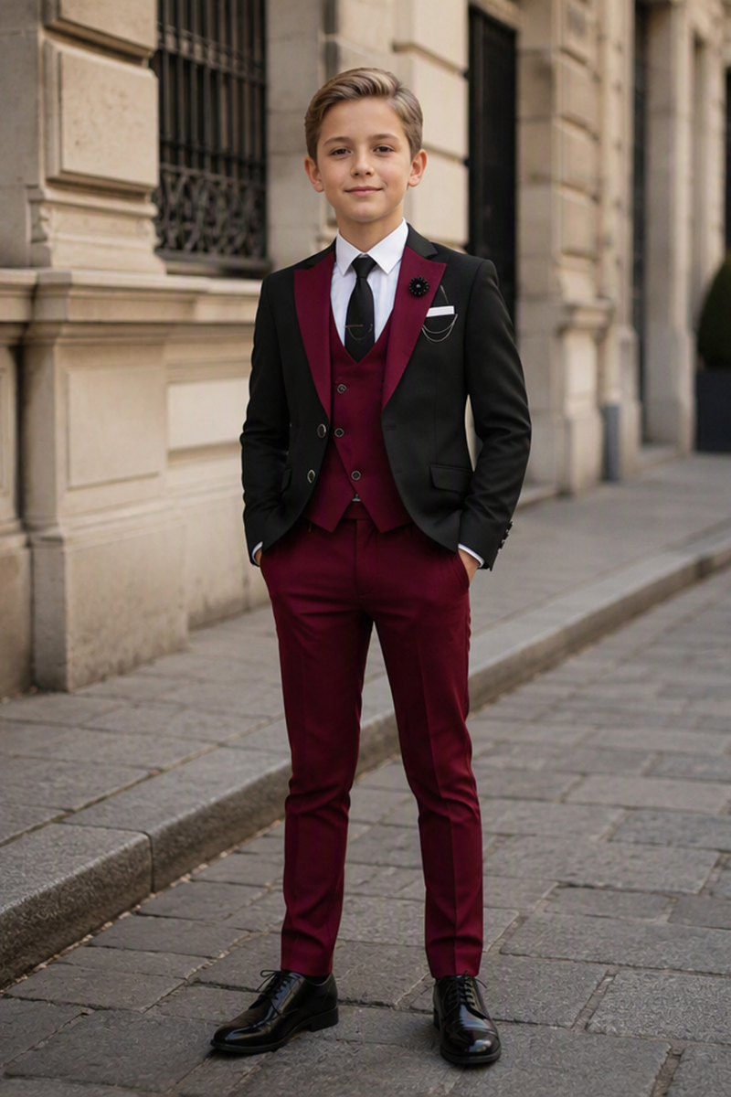 Boys Black Burgundy Tuxedo with Contrast Satin Lapel 3-Piece Suit for Weddings