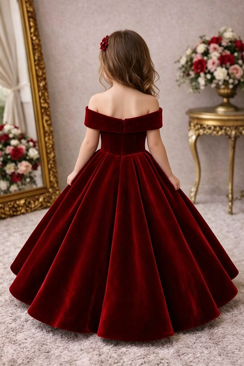 Girls Burgundy Velvet Off‑the‑Shoulder Gown for Weddings with Voluminous Skirt