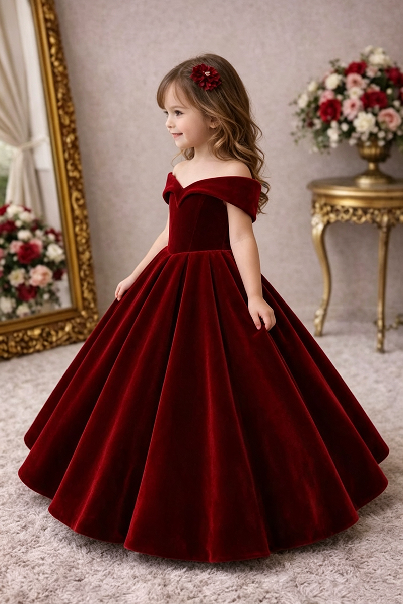 Girls Burgundy Velvet Off‑the‑Shoulder Gown for Weddings with Voluminous Skirt