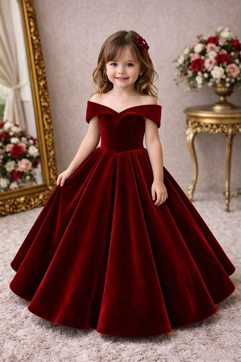 Girls Burgundy Velvet Off‑the‑Shoulder Gown for Weddings with Voluminous Skirt
