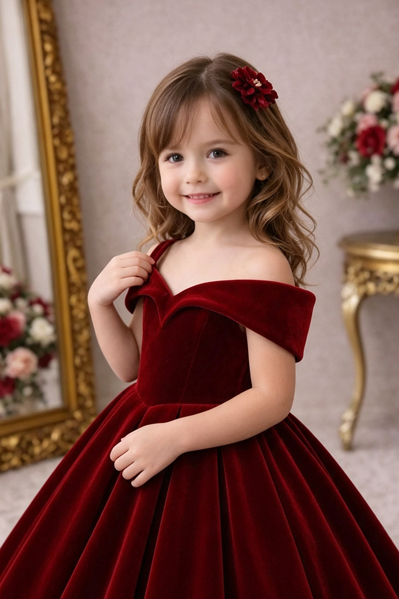 Girls Burgundy Velvet Off‑the‑Shoulder Gown for Weddings with Voluminous Skirt