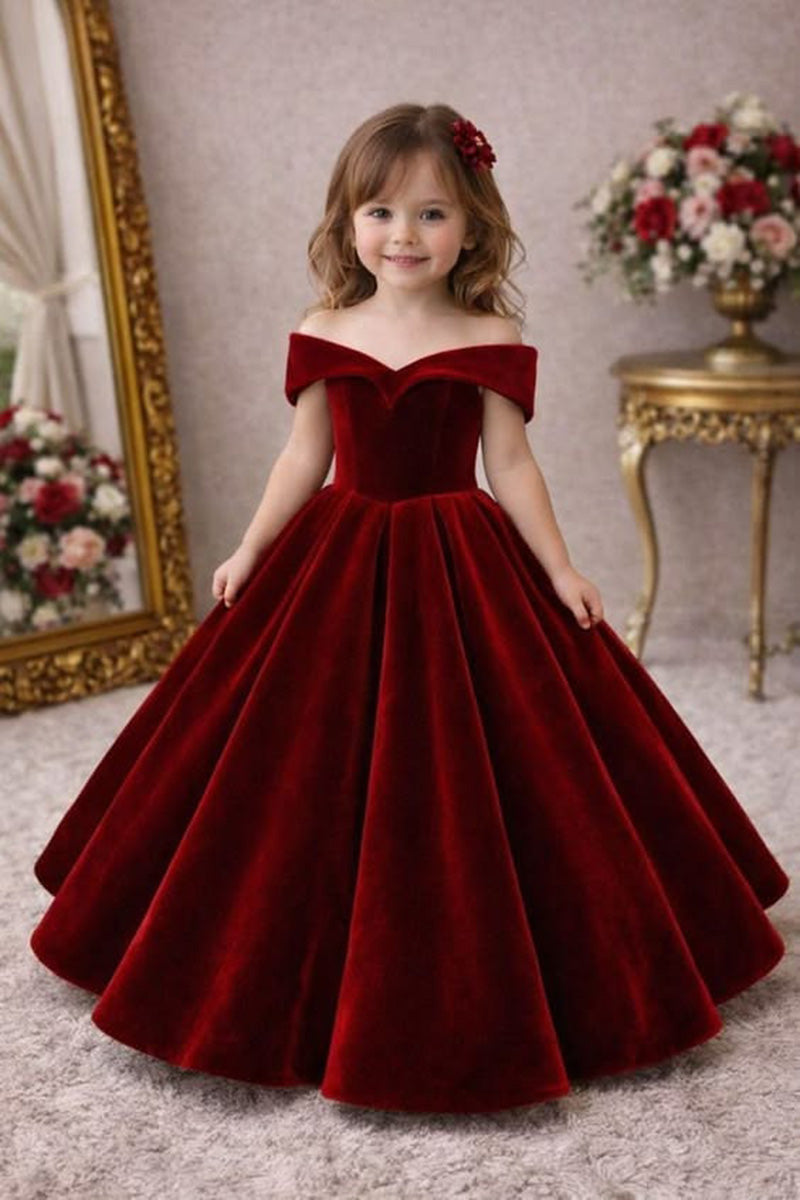 Girls Burgundy Velvet Off‑the‑Shoulder Gown for Weddings with Voluminous Skirt