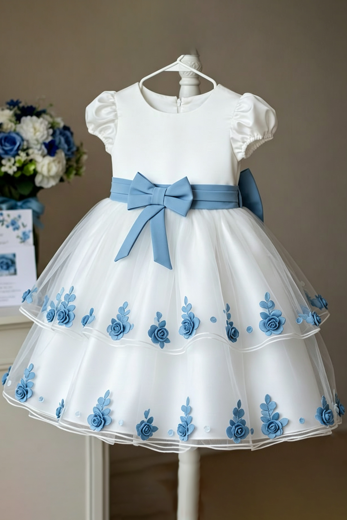 Timeless White Satin Tulle Girls Party Dress with Blue Bow & 3D Floral Appliqués