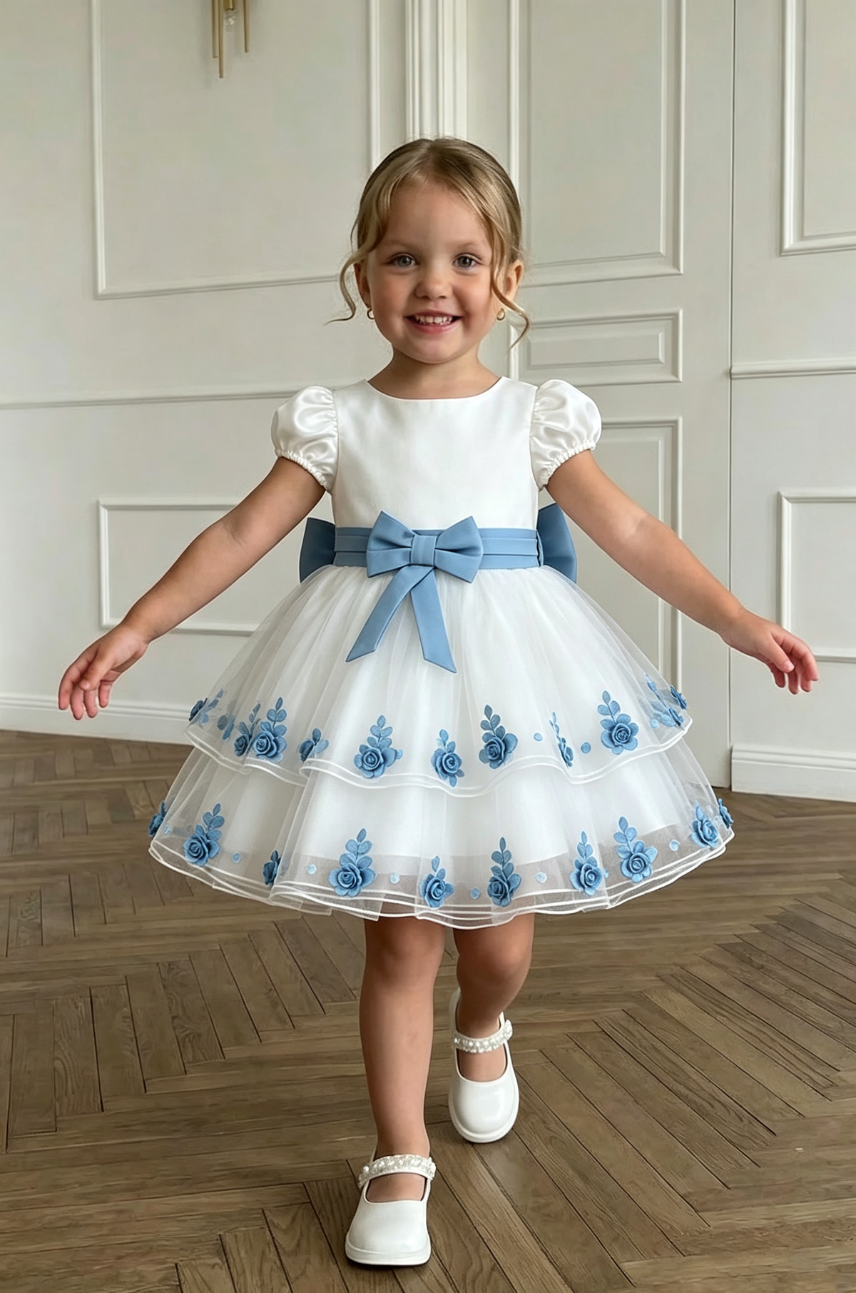 Timeless White Satin Tulle Girls Party Dress with Blue Bow & 3D Floral Appliqués