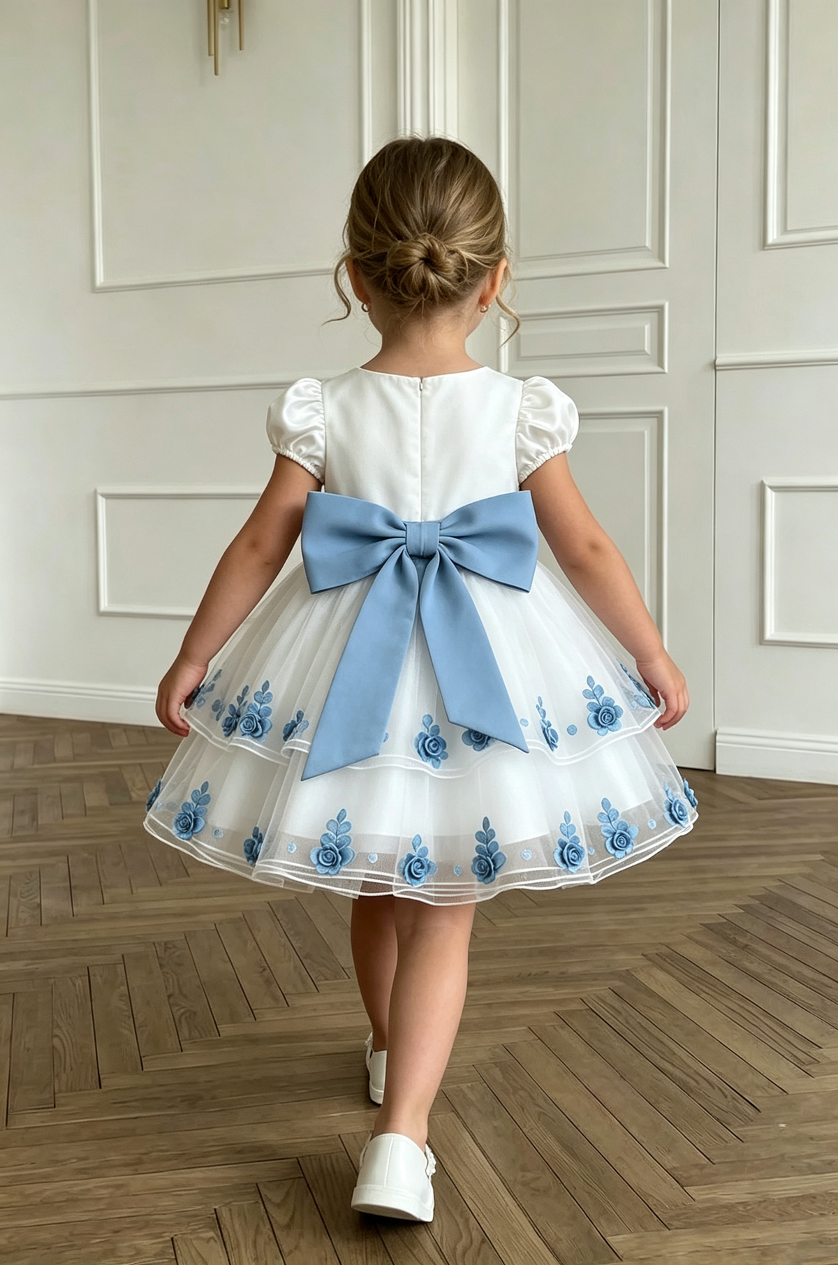 Timeless White Satin Tulle Girls Party Dress with Blue Bow & 3D Floral Appliqués