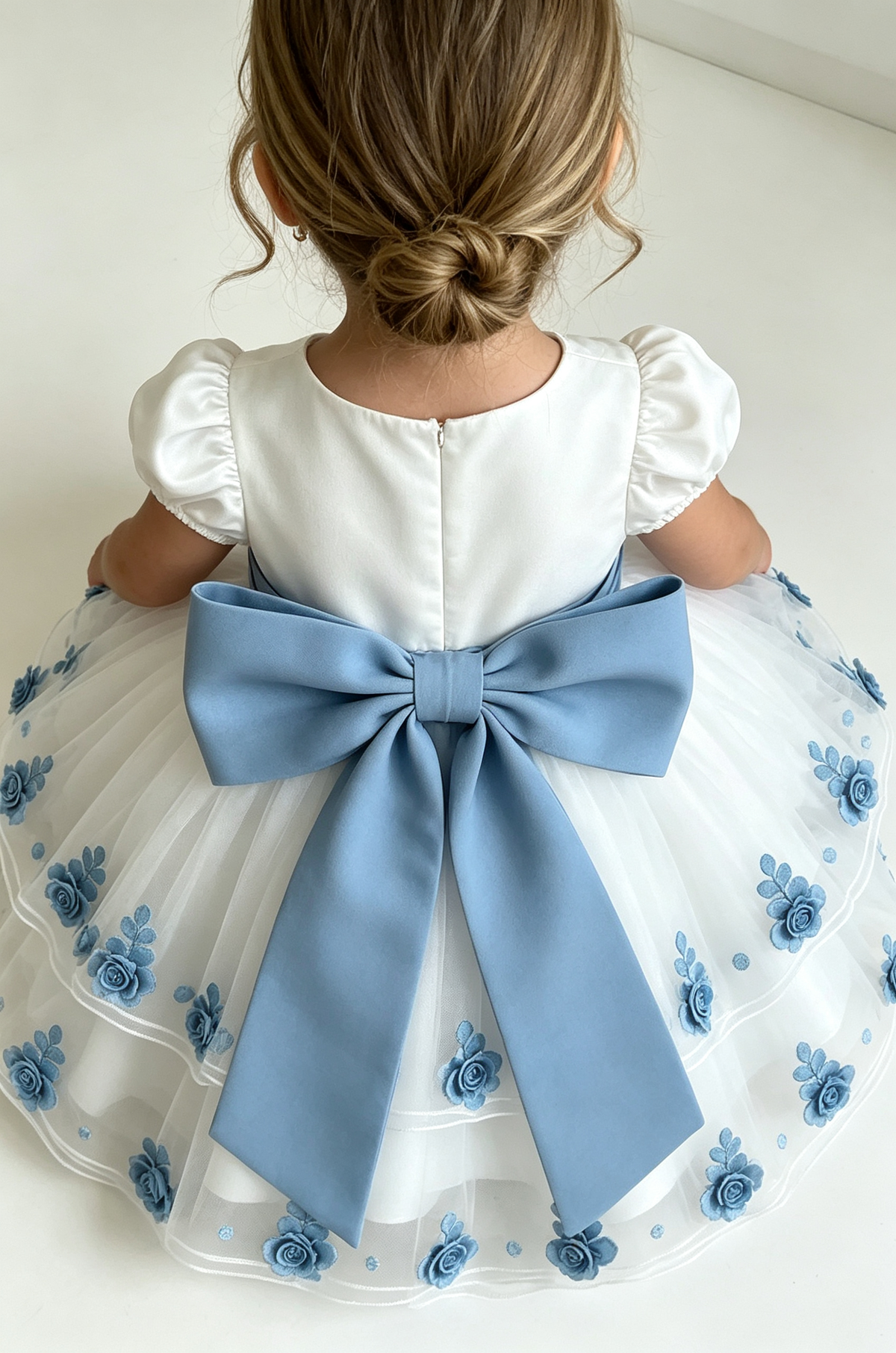 Timeless White Satin Tulle Girls Party Dress with Blue Bow & 3D Floral Appliqués
