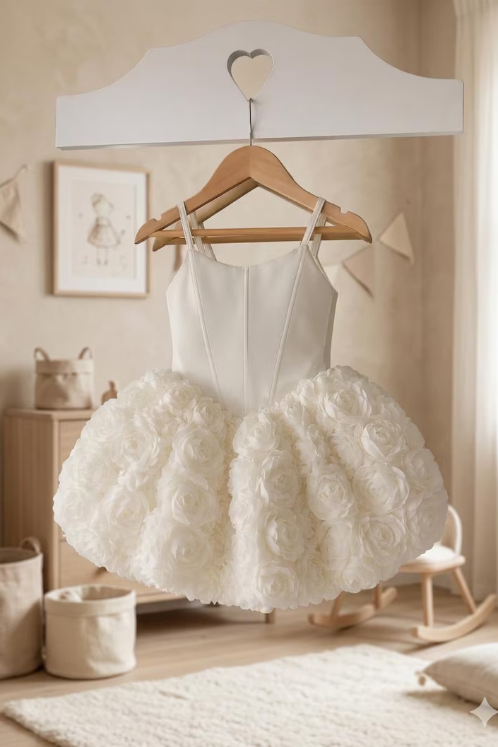 White Satin Spaghetti‑Strap 3D Rose Floral A‑Line Party Dress