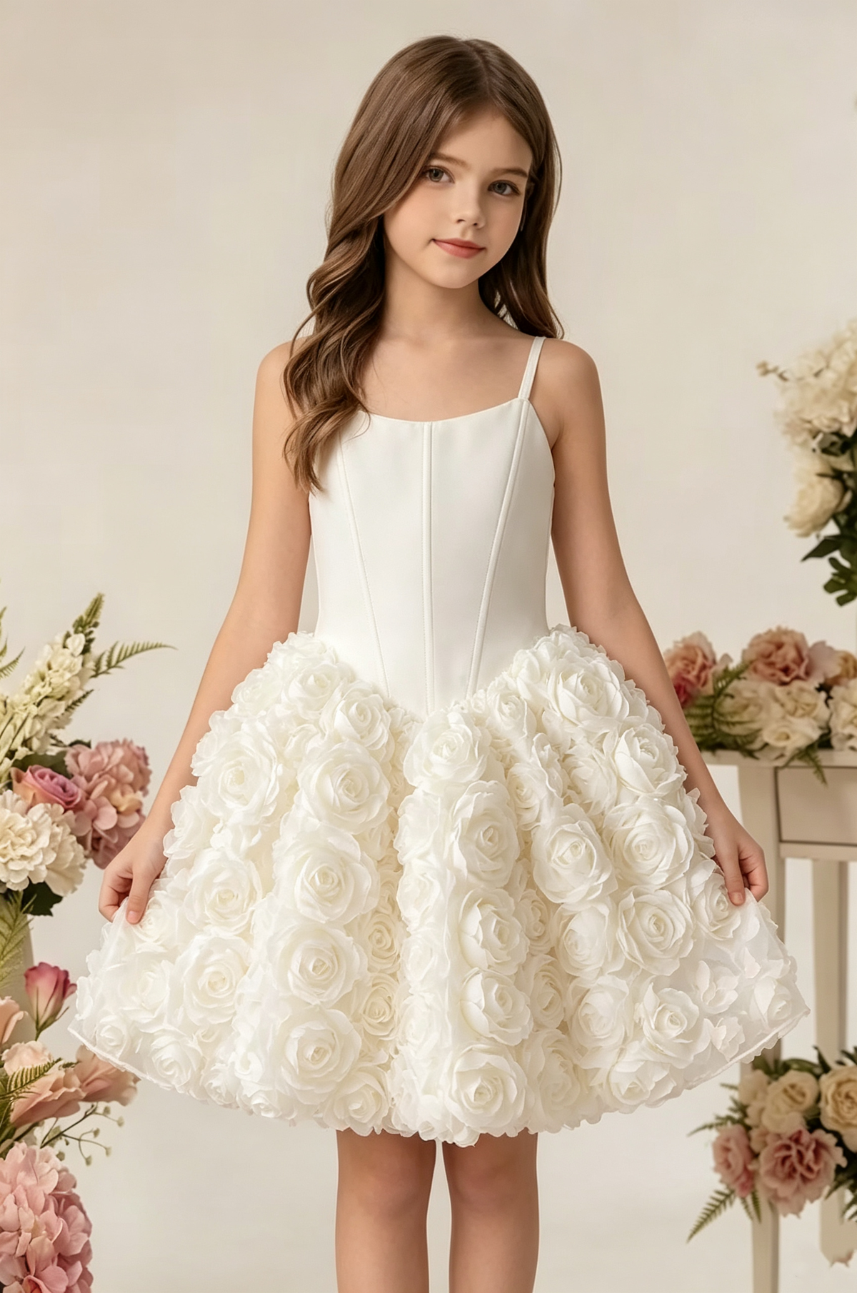 White Satin Spaghetti‑Strap 3D Rose Floral A‑Line Party Dress