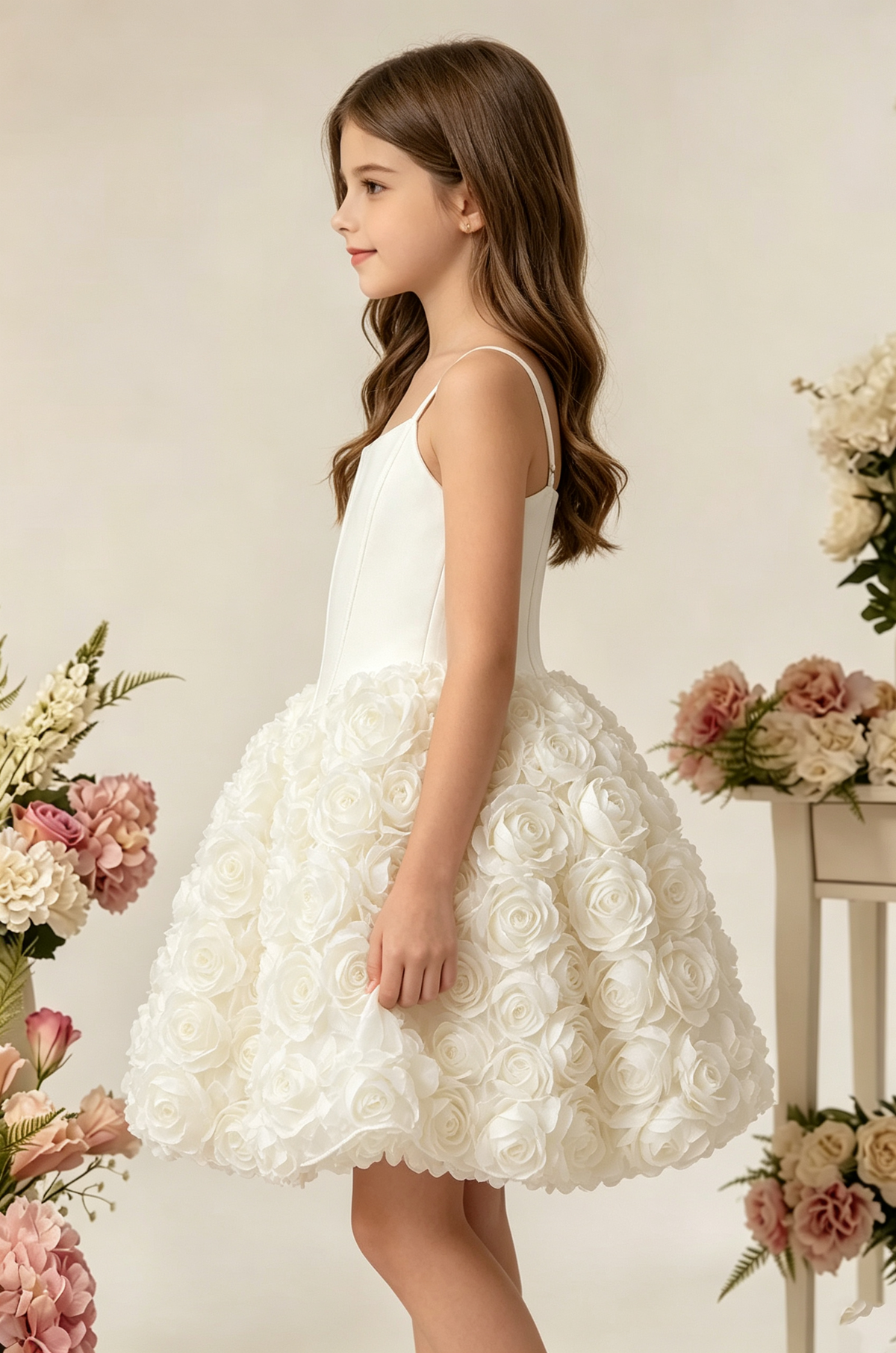 White Satin Spaghetti‑Strap 3D Rose Floral A‑Line Party Dress