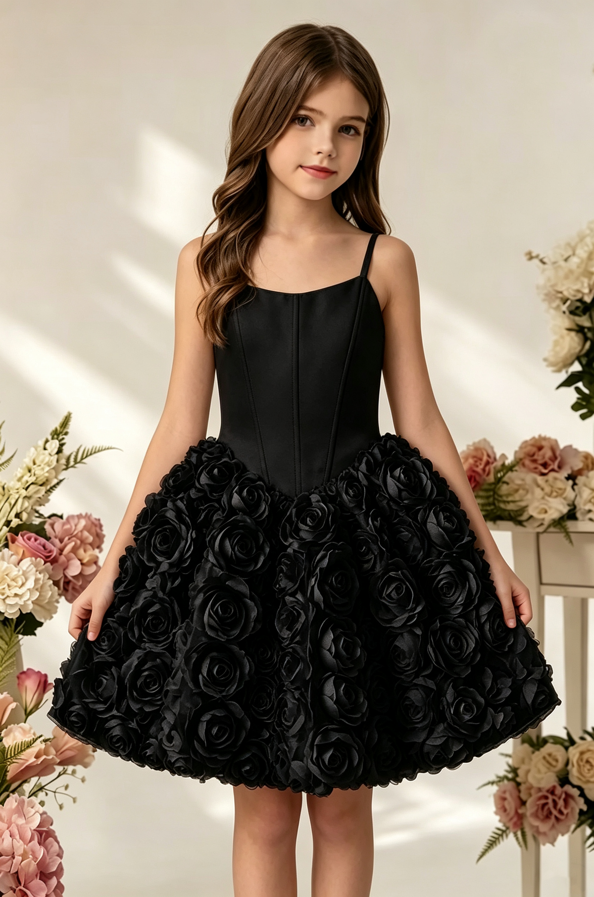 White Satin Spaghetti‑Strap 3D Rose Floral A‑Line Party Dress