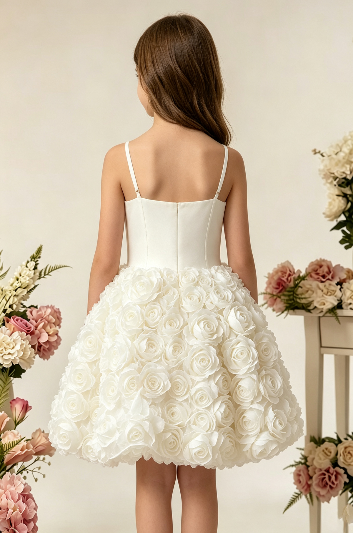 White Satin Spaghetti‑Strap 3D Rose Floral A‑Line Party Dress