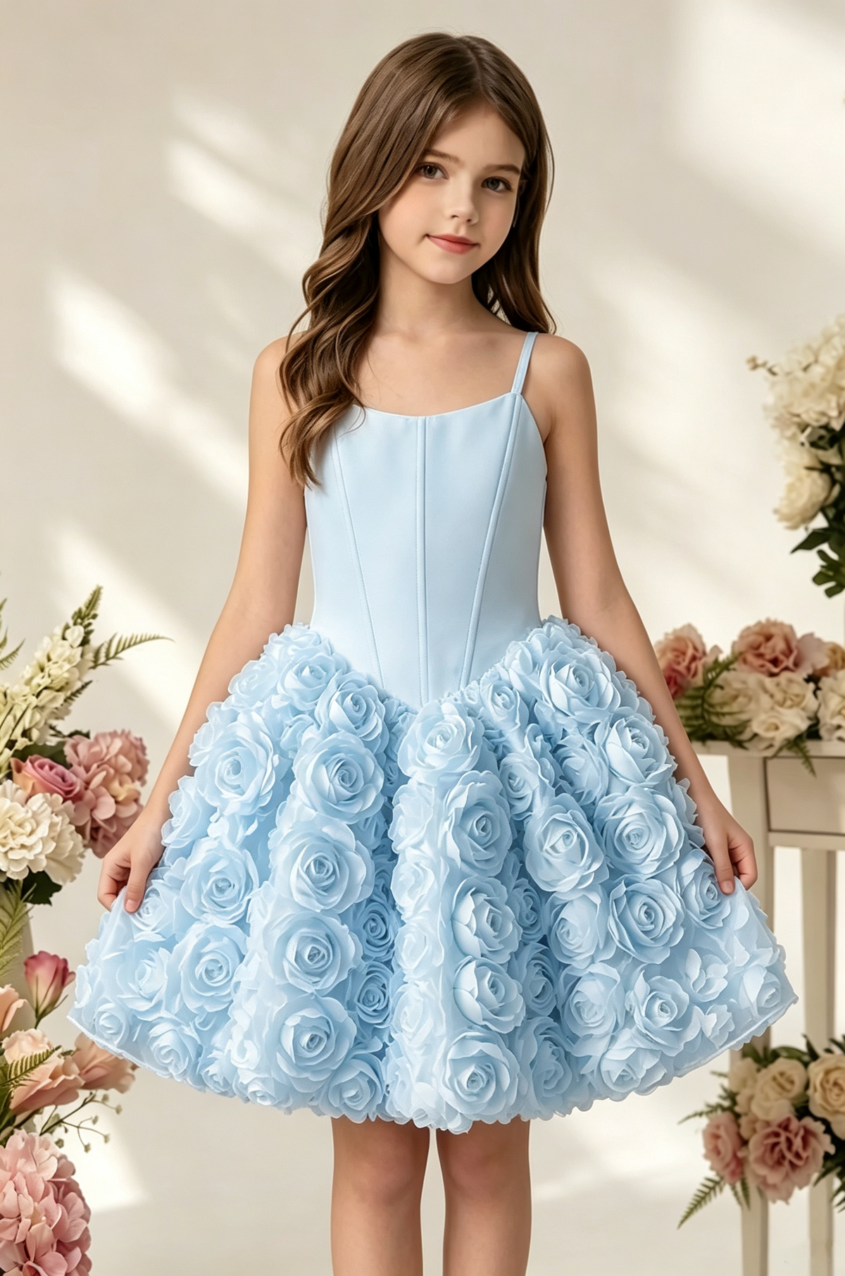 White Satin Spaghetti‑Strap 3D Rose Floral A‑Line Party Dress