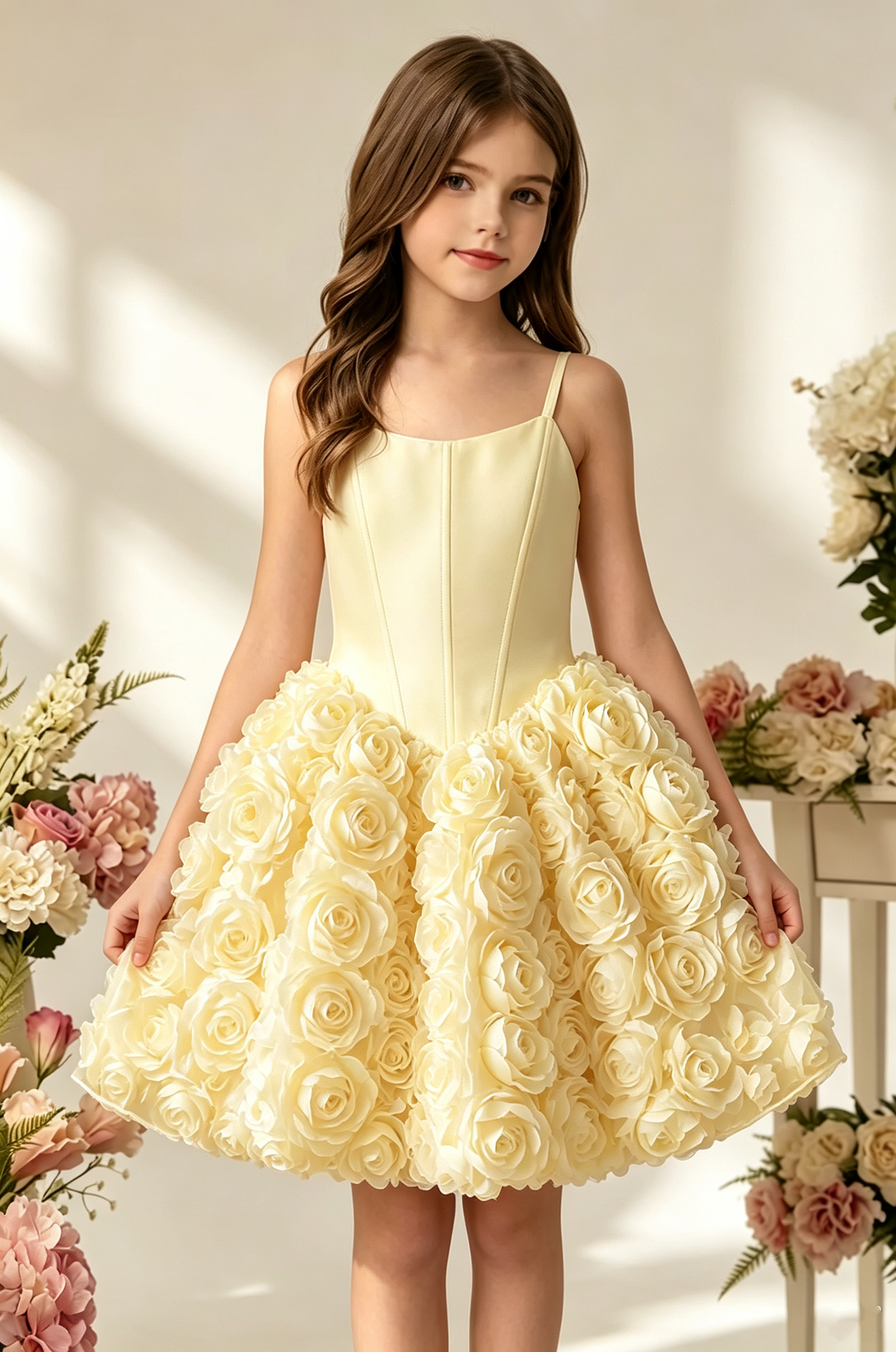 White Satin Spaghetti‑Strap 3D Rose Floral A‑Line Party Dress