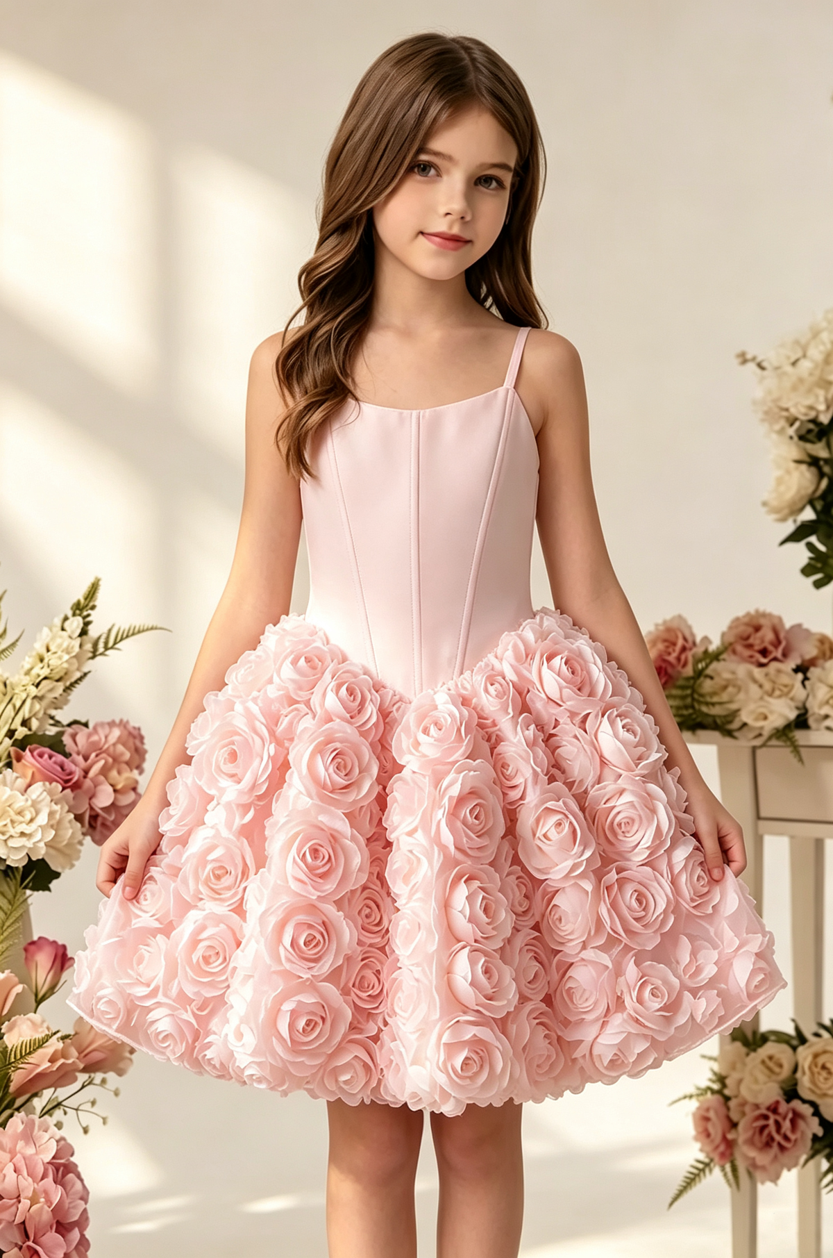 White Satin Spaghetti‑Strap 3D Rose Floral A‑Line Party Dress