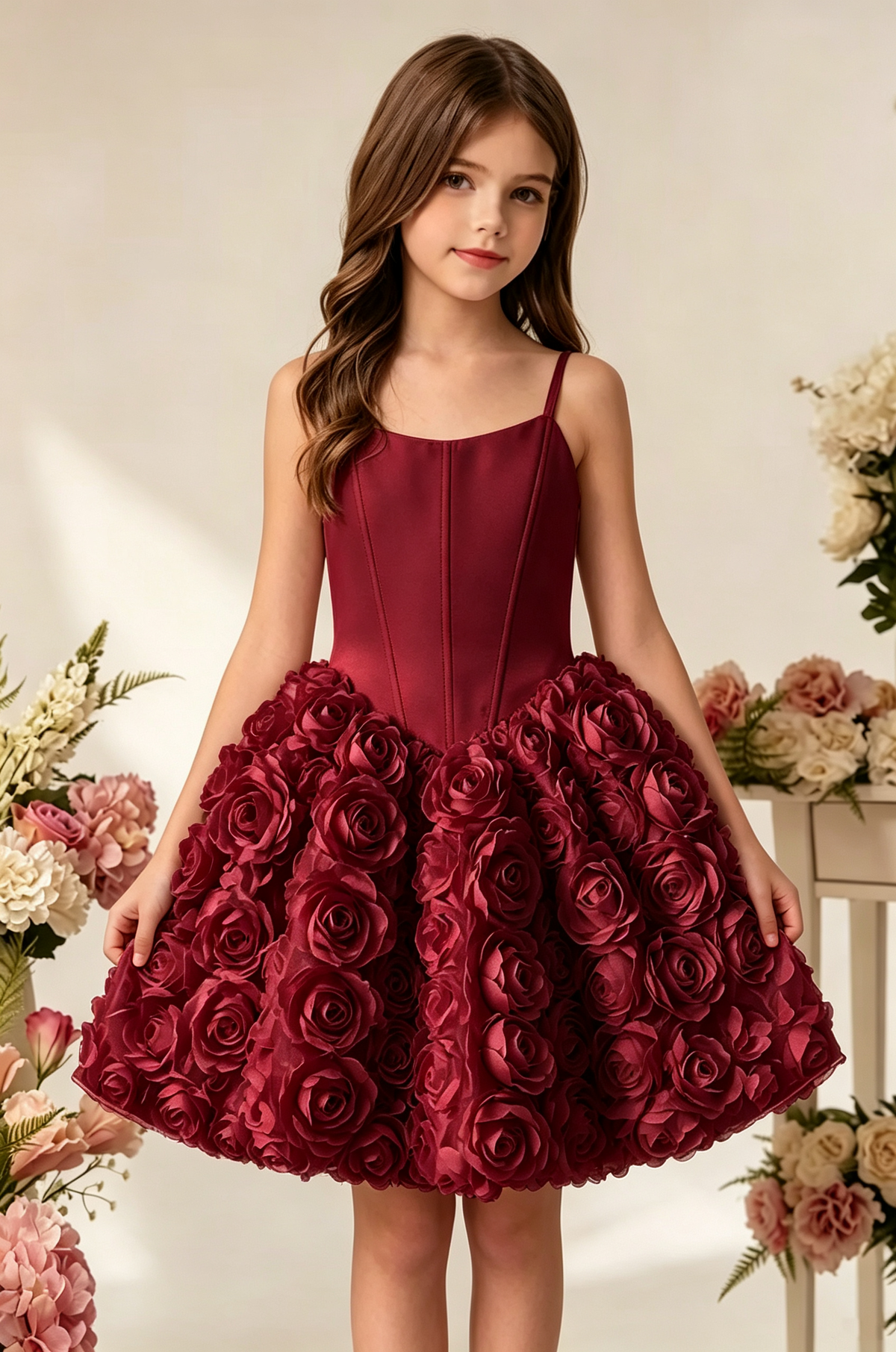 White Satin Spaghetti‑Strap 3D Rose Floral A‑Line Party Dress