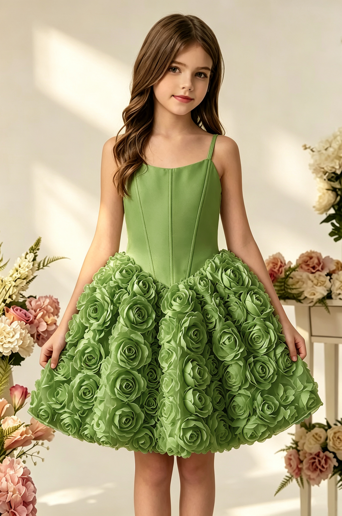 White Satin Spaghetti‑Strap 3D Rose Floral A‑Line Party Dress