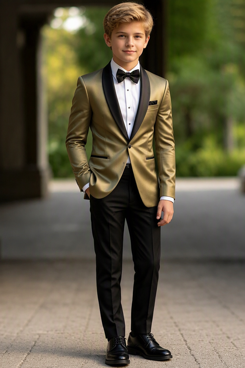 Boys Gold Satin Tuxedo with Shawl Lapel 2-Piece Suit for Weddings