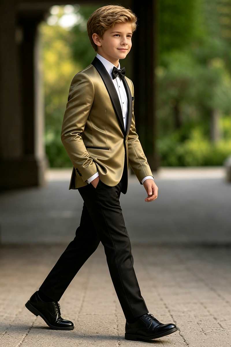 Boys Gold Satin Tuxedo with Shawl Lapel 2-Piece Suit for Weddings