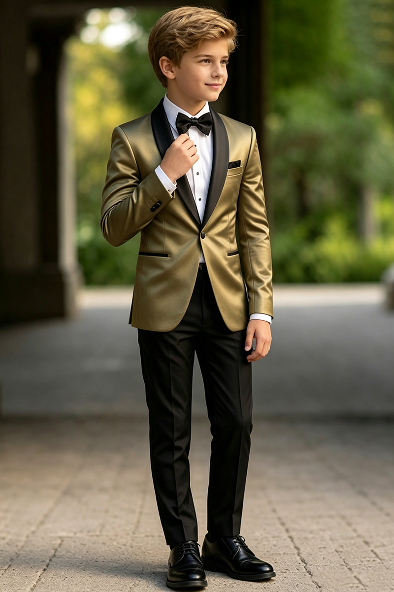 Boys Gold Satin Tuxedo with Shawl Lapel 2-Piece Suit for Weddings
