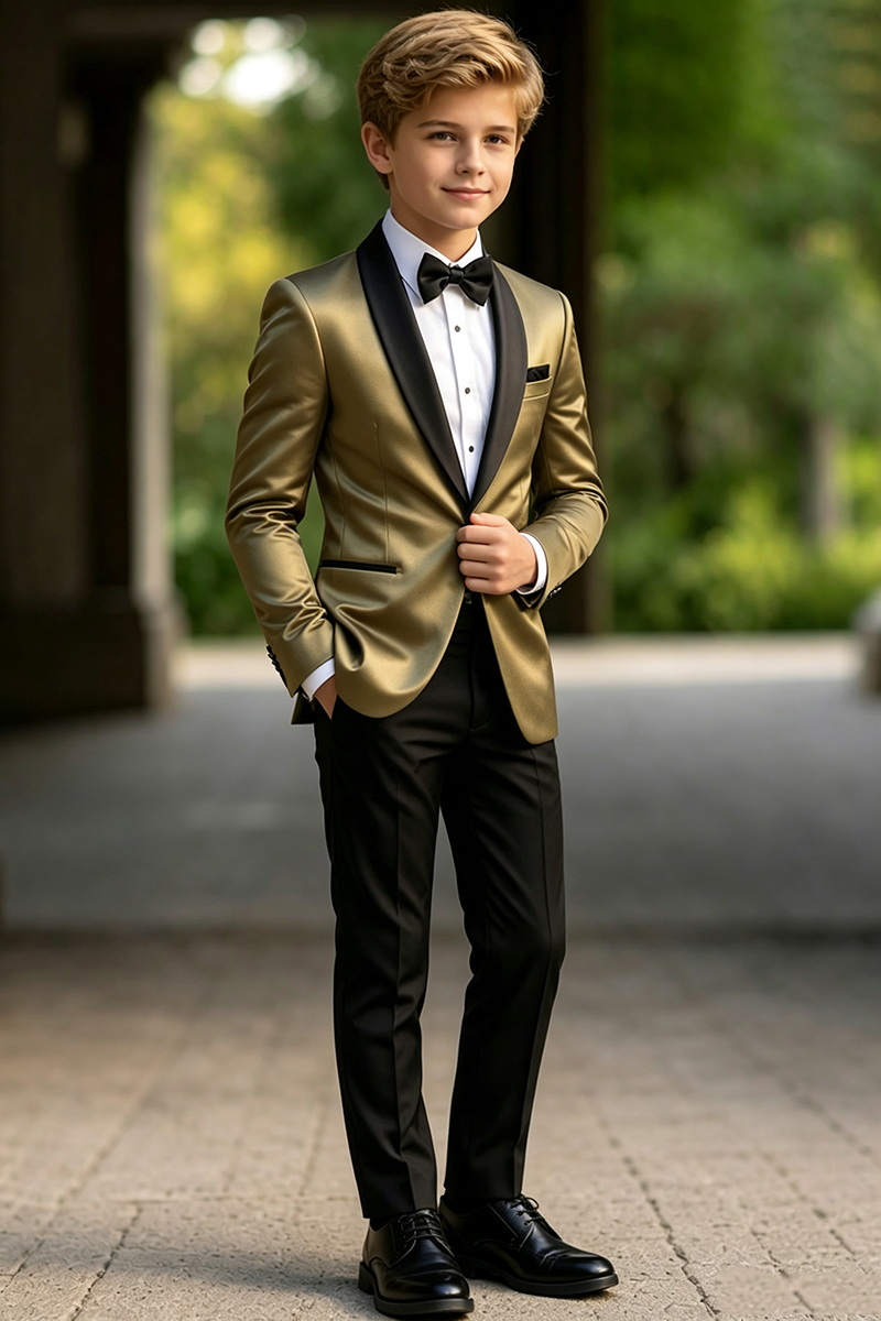 Boys Gold Satin Tuxedo with Shawl Lapel 2-Piece Suit for Weddings