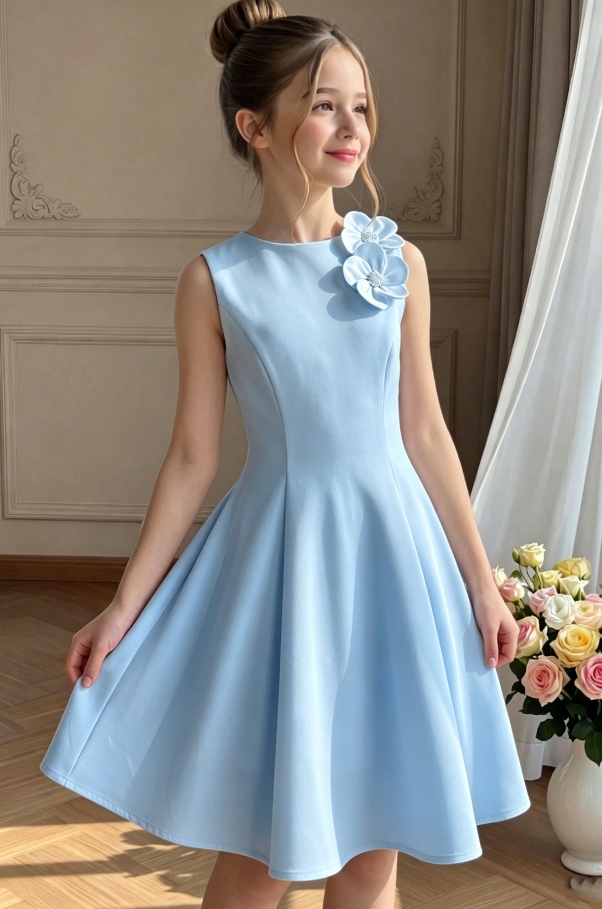 Light‑Green Crepe 3D Floral Shoulder A‑Line Formal Dress