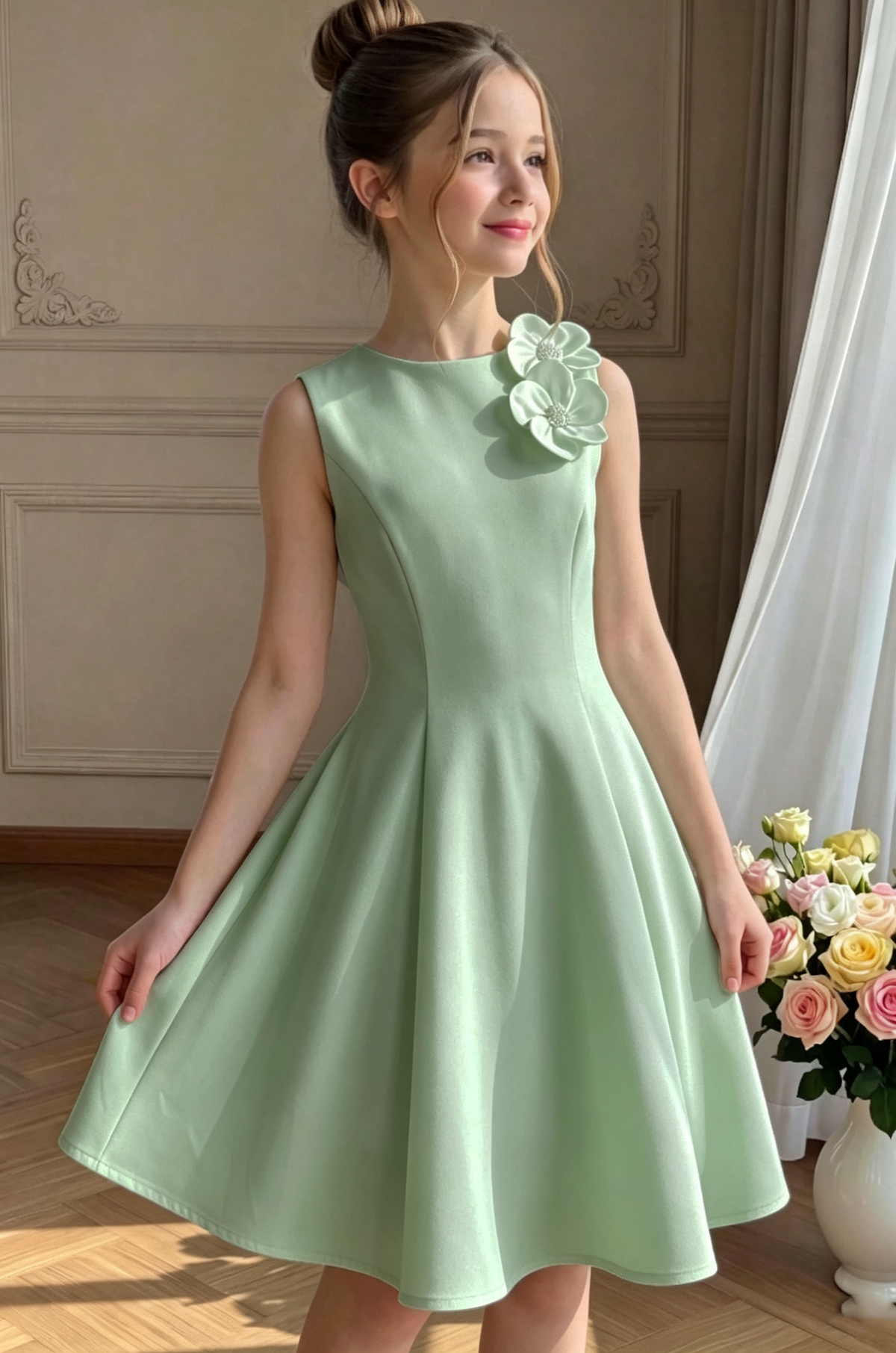 Light‑Green Crepe 3D Floral Shoulder A‑Line Formal Dress