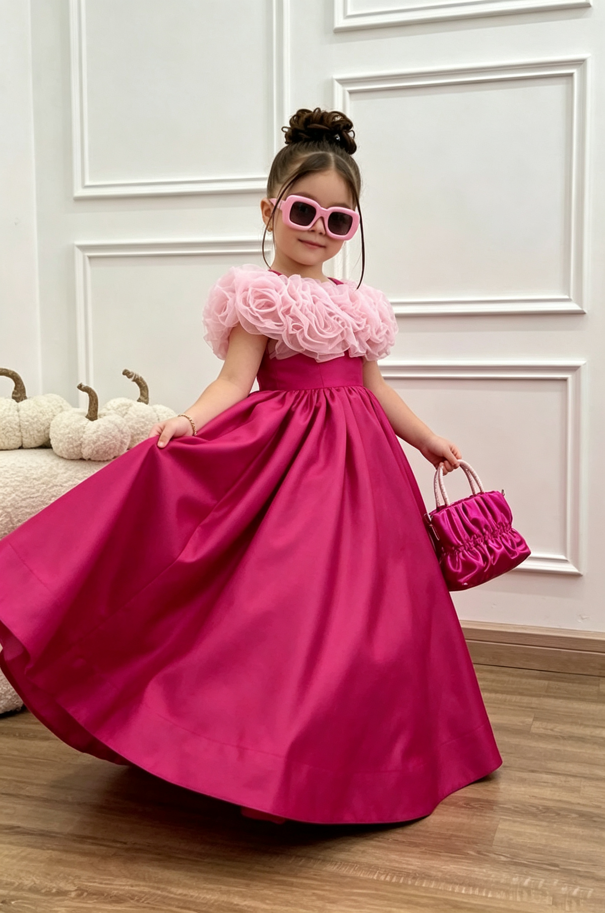 Fuchsia Satin Off‑Shoulder Organza 3D Floral A‑Line Long Party Dress