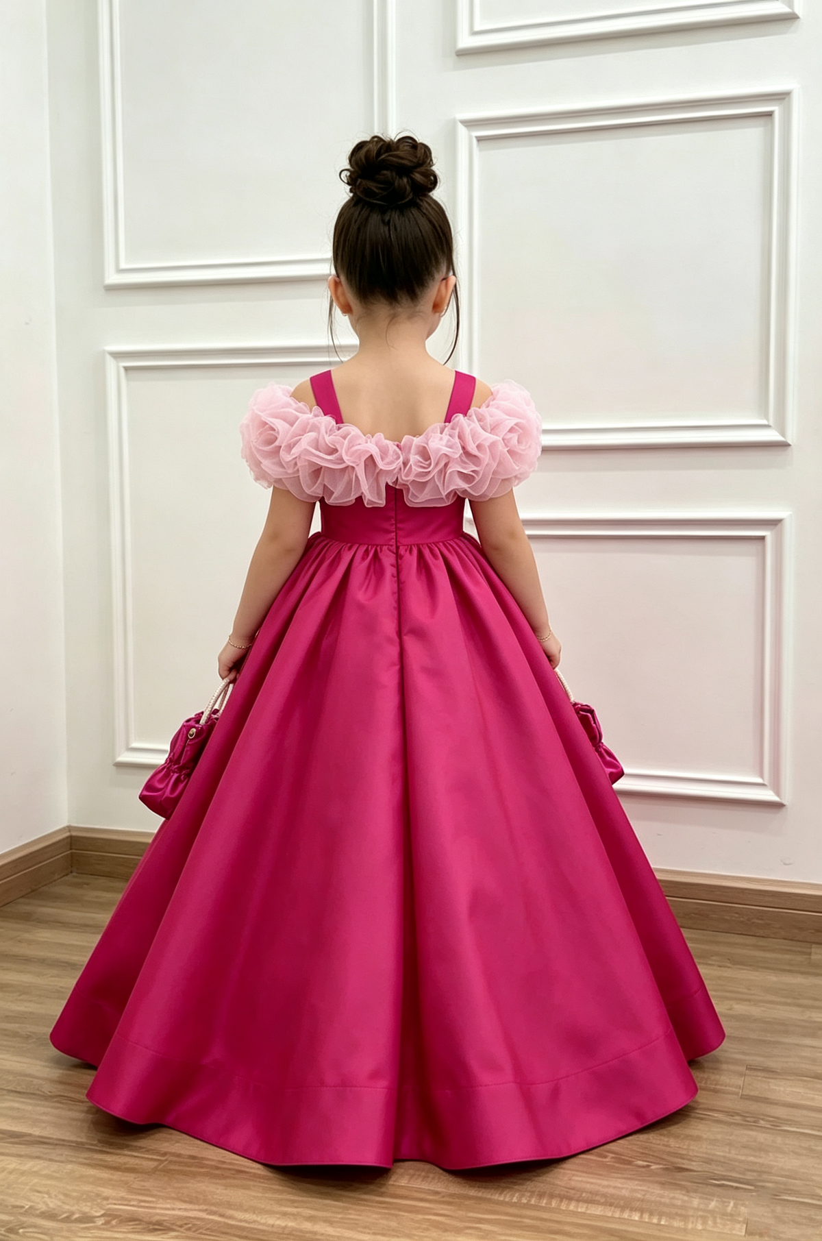 Fuchsia Satin Off‑Shoulder Organza 3D Floral A‑Line Long Party Dress