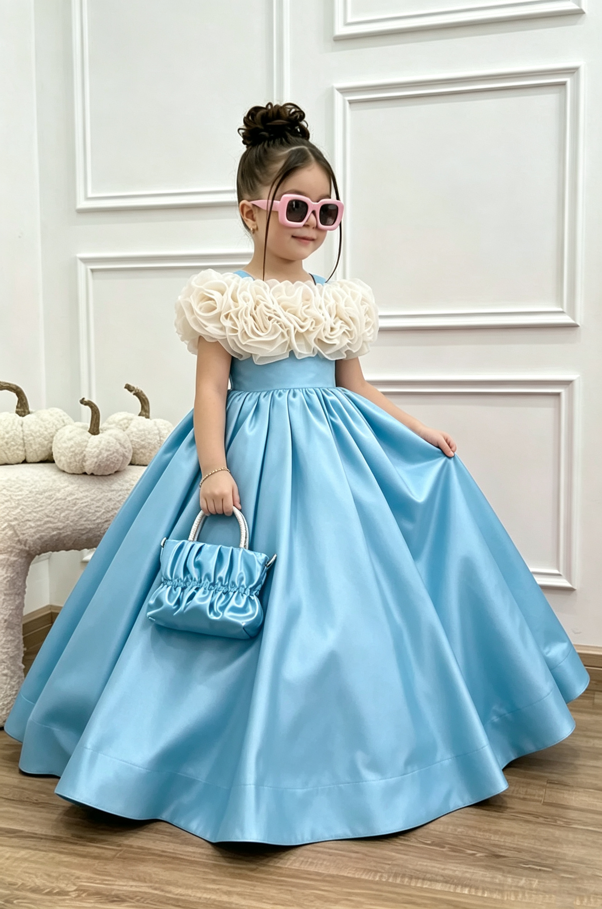 Fuchsia Satin Off‑Shoulder Organza 3D Floral A‑Line Long Party Dress
