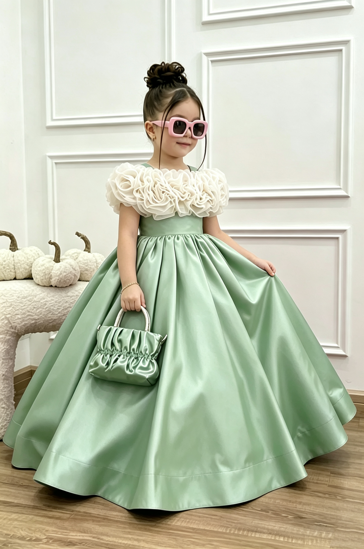 Fuchsia Satin Off‑Shoulder Organza 3D Floral A‑Line Long Party Dress