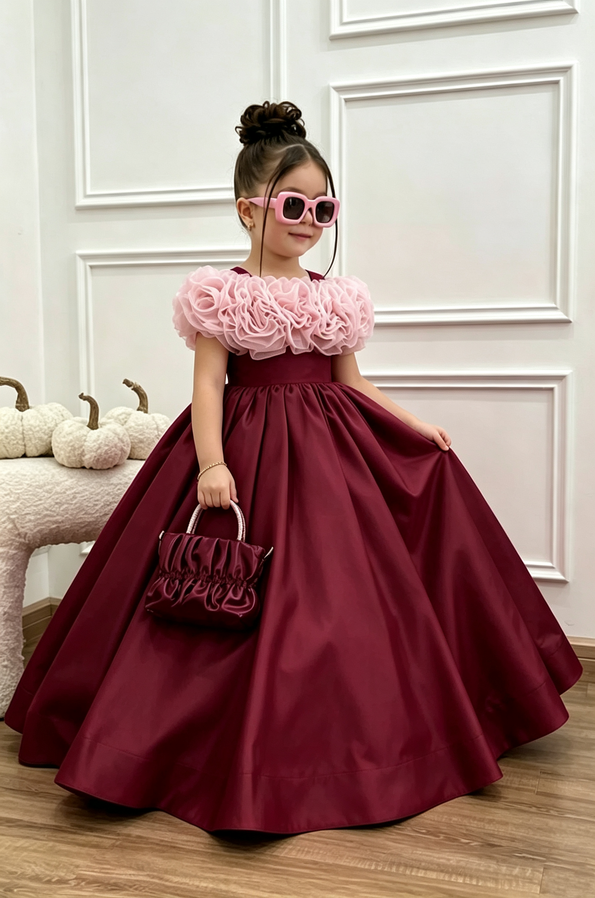 Fuchsia Satin Off‑Shoulder Organza 3D Floral A‑Line Long Party Dress