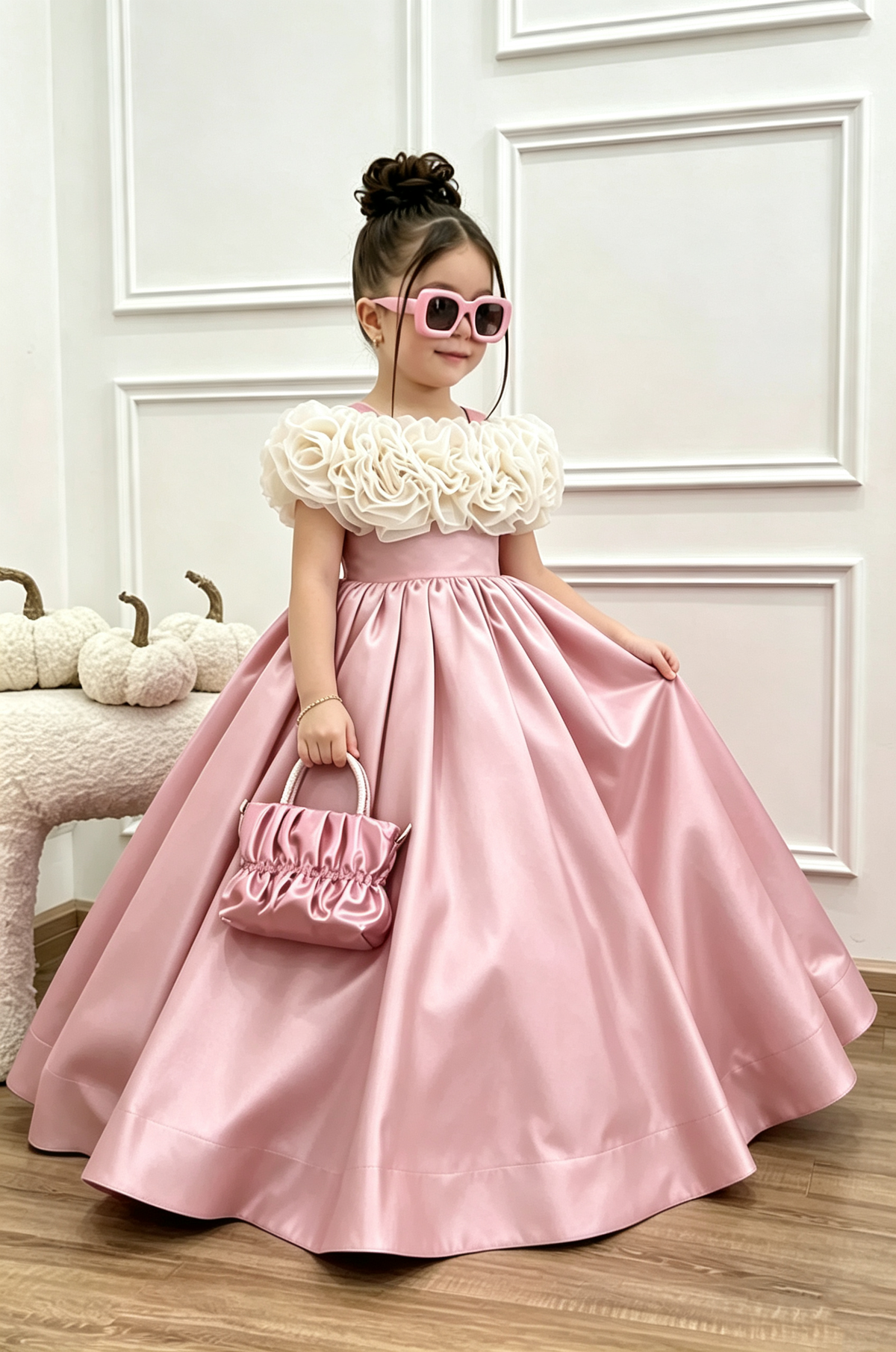 Fuchsia Satin Off‑Shoulder Organza 3D Floral A‑Line Long Party Dress