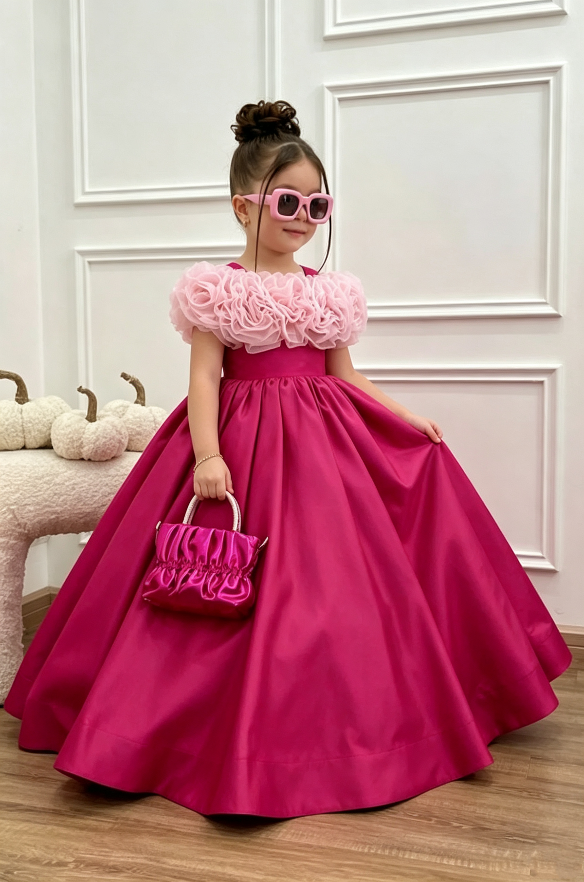 Fuchsia Satin Off‑Shoulder Organza 3D Floral A‑Line Long Party Dress