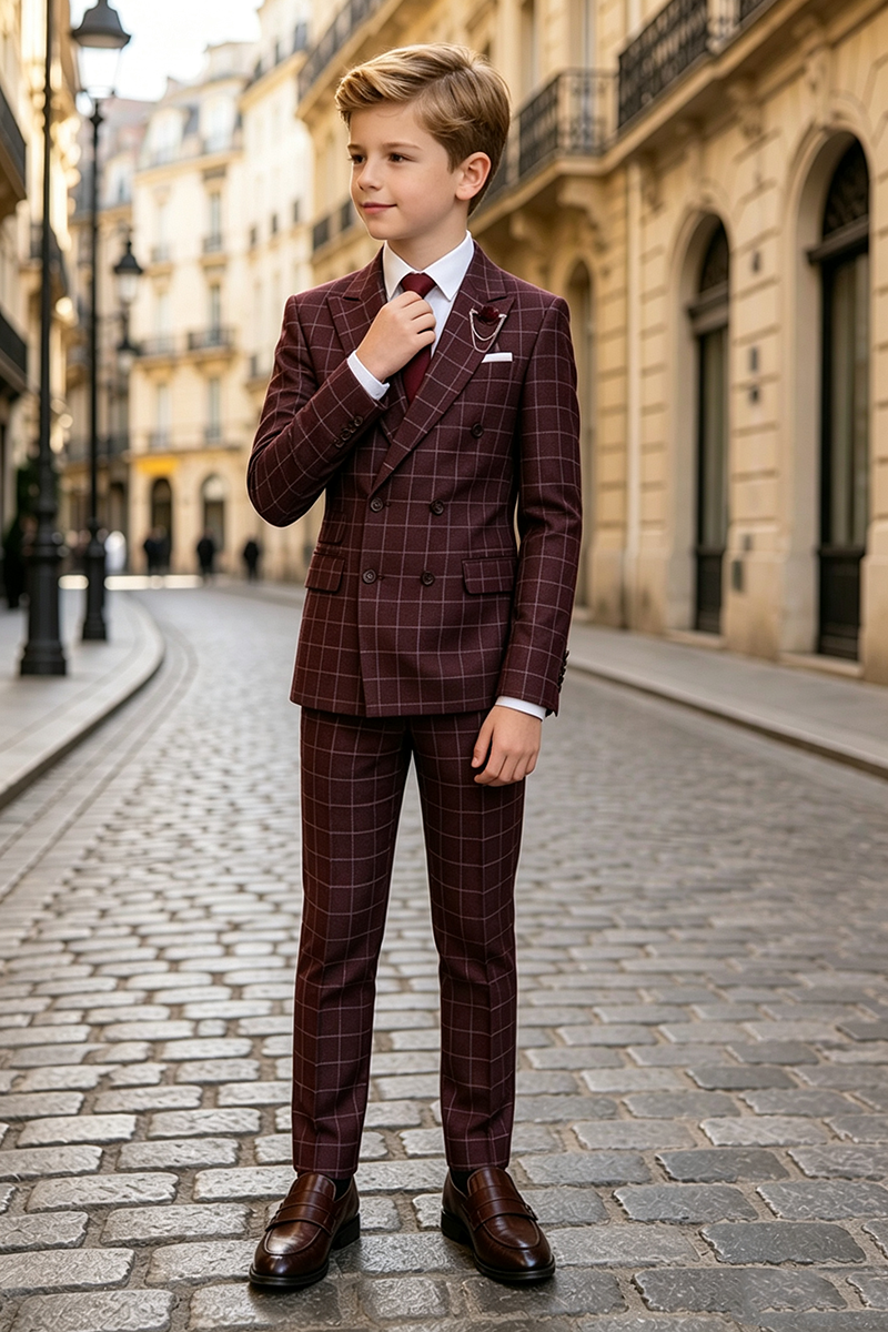 Boys Burgundy Windowpane Check 2-Piece Suit for Weddings