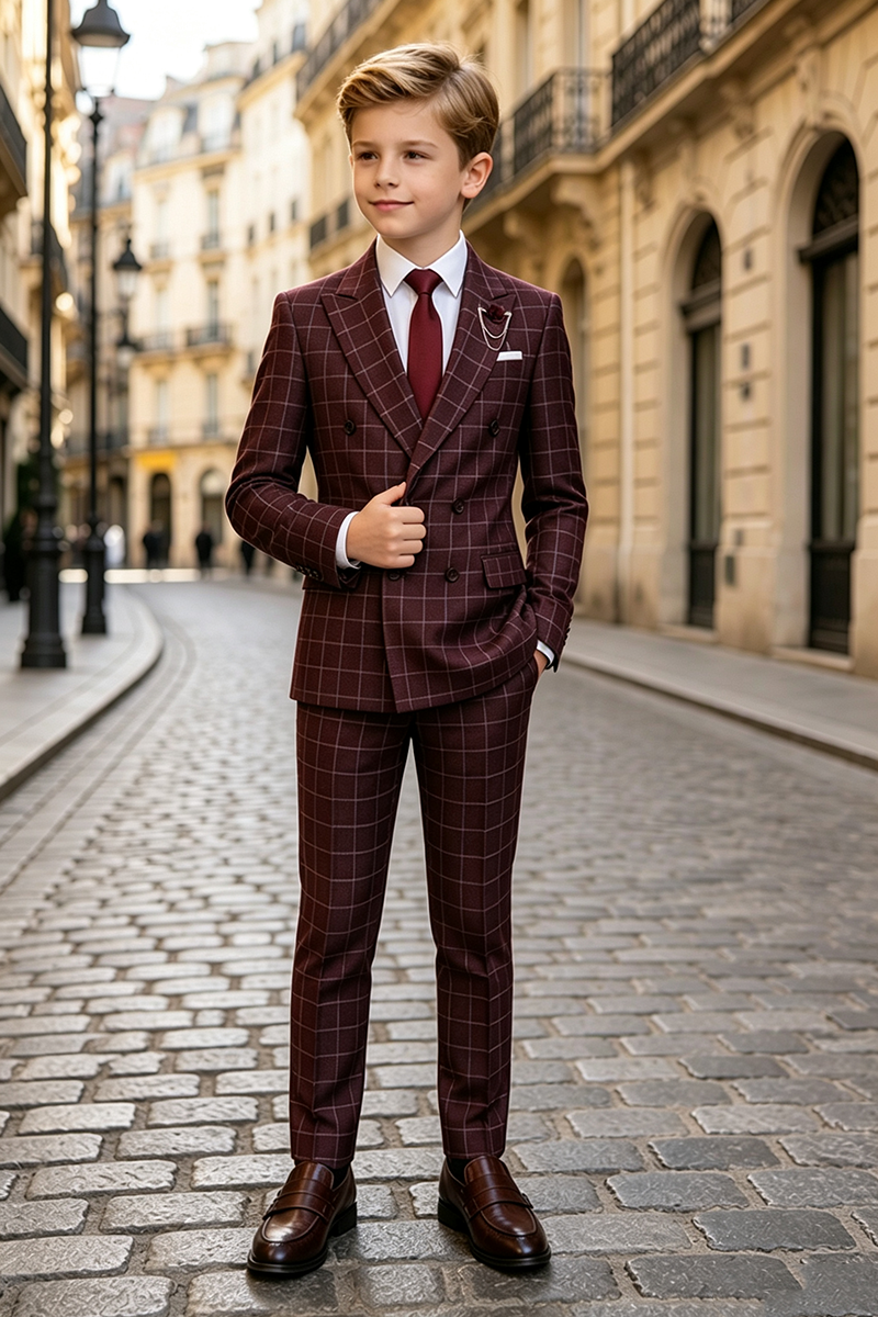 Boys Burgundy Windowpane Check 2-Piece Suit for Weddings