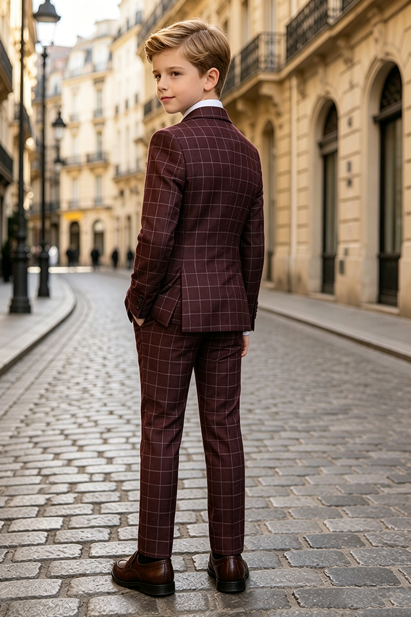 Boys Burgundy Windowpane Check 2-Piece Suit for Weddings
