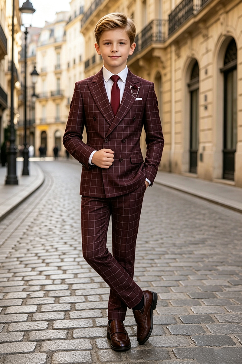 Boys Burgundy Windowpane Check 2-Piece Suit for Weddings