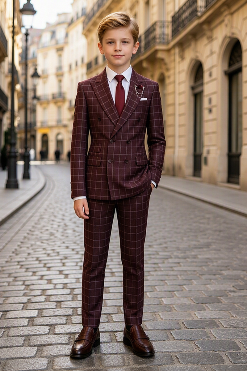 Boys Burgundy Windowpane Check 2-Piece Suit for Weddings
