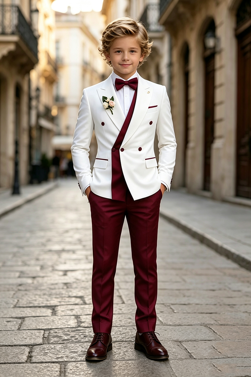 Boys White‑Burgundy Tuxedo with Contrast Accents 2-Piece Suit for Weddings